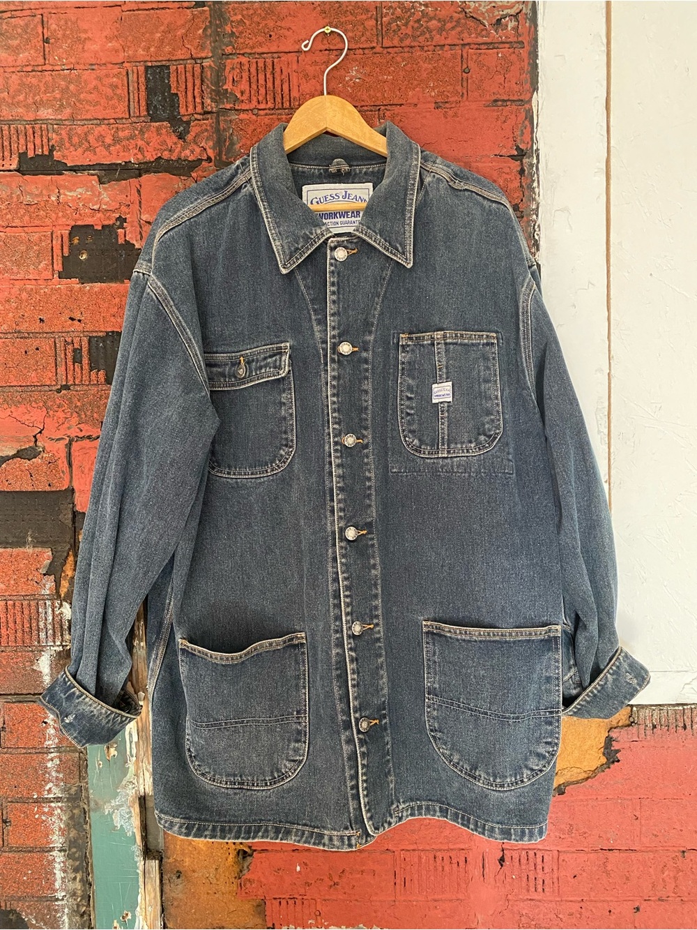 Guess USA Men's Vintage Denim Workwear Jacket - Blue Distressed Denim, Size XL